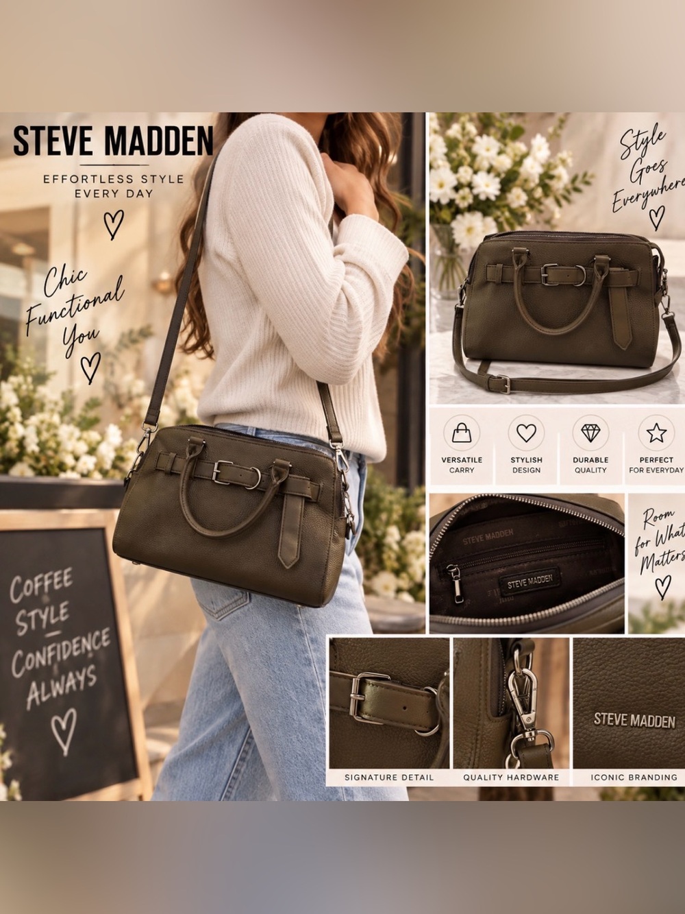 Steve Madden Olive Green Pebbled Leather Crossbody Satchel